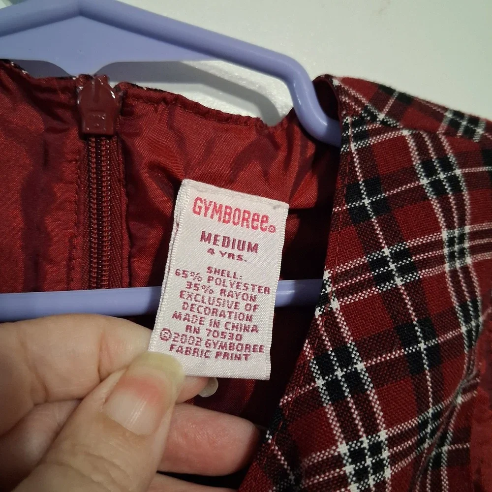 Vintage Y2K Gymboree Girls Red Plaid Jumper Dress Velvet Bow Ruffle
